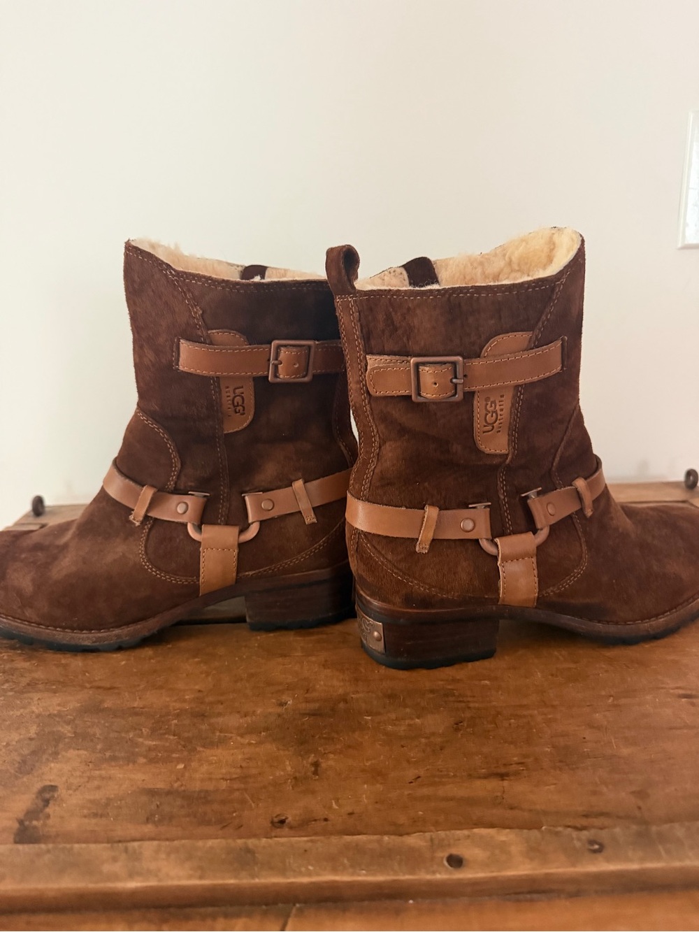 UGG Brown Suede Shearling Ankle Harness Boots